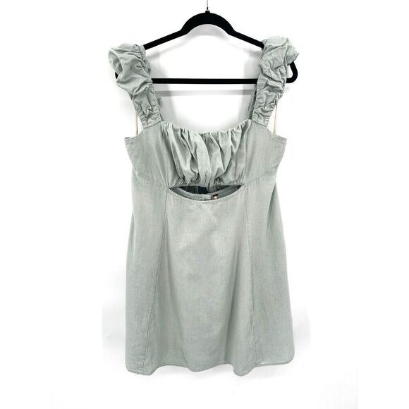 FREE PEOPLE Light Green Bom Bom Island Ruched Linen Cotton Boho Mini Dress Large - Picture 4 of 10